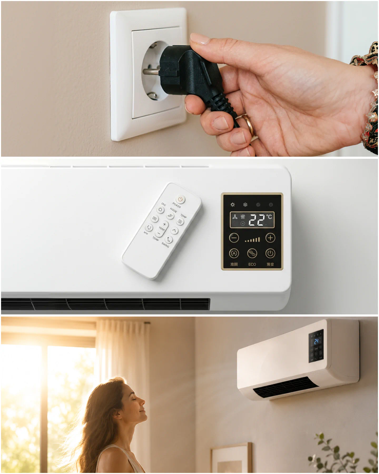 Official collage showing the power connection, remote control and the unit positioned close to a wall